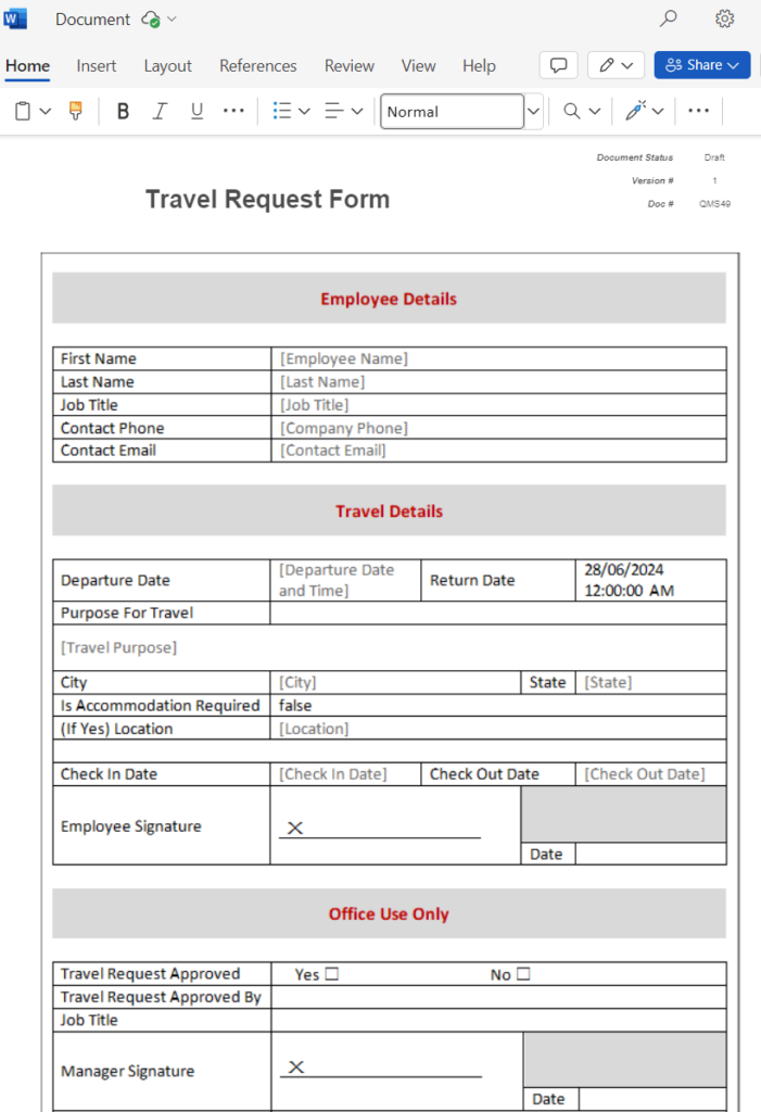 Example of a travel request form template